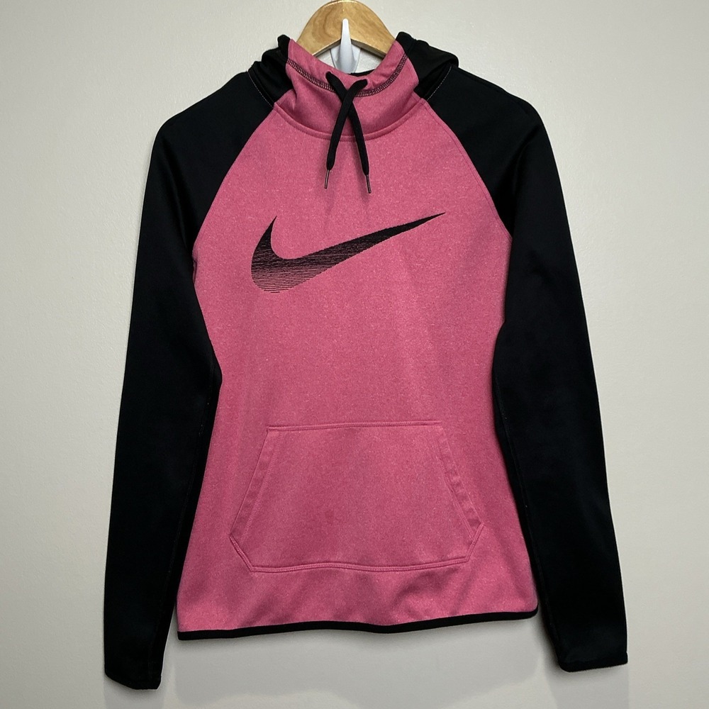 Nike Hoodie Womens Small Pink Black Therma Fit Swoosh Chest Logo Pullover